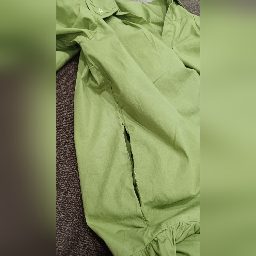 Day + Moon Mini Dress Sz M Olive Green Star Embroidered Collared Ruffle Cotton - Picture 9 of 12